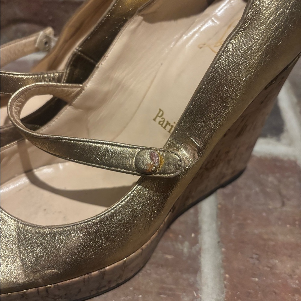 Christian Louboutin Metallic Gold Leather Cork Platform Wedge Mary Jane - Picture 11 of 16